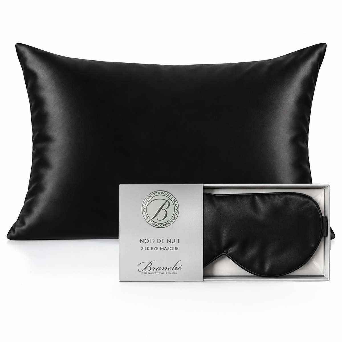 Branché matching silk pillowcase and eye masque gift set - Black