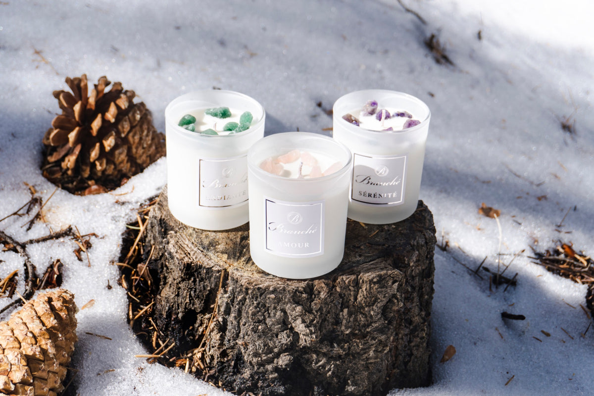 Branché crystal candles nestled in winter snow